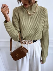 Calvaya Stand Collar Batwing Sleeve Sweater,Long Sleeve Tops Knit Pullover Fall Winter - Olive Green - View 6