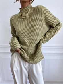 Calvaya Stand Collar Batwing Sleeve Sweater,Long Sleeve Tops Knit Pullover Fall Winter - Olive Green - View 3