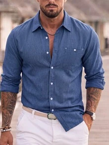 Manfinity CasualCool Men's Faux Linen Texture Royal Blue Single-Breasted Loose Fit Commuter Versatile Long Sleeve Shirt - Royal Blue - View 6