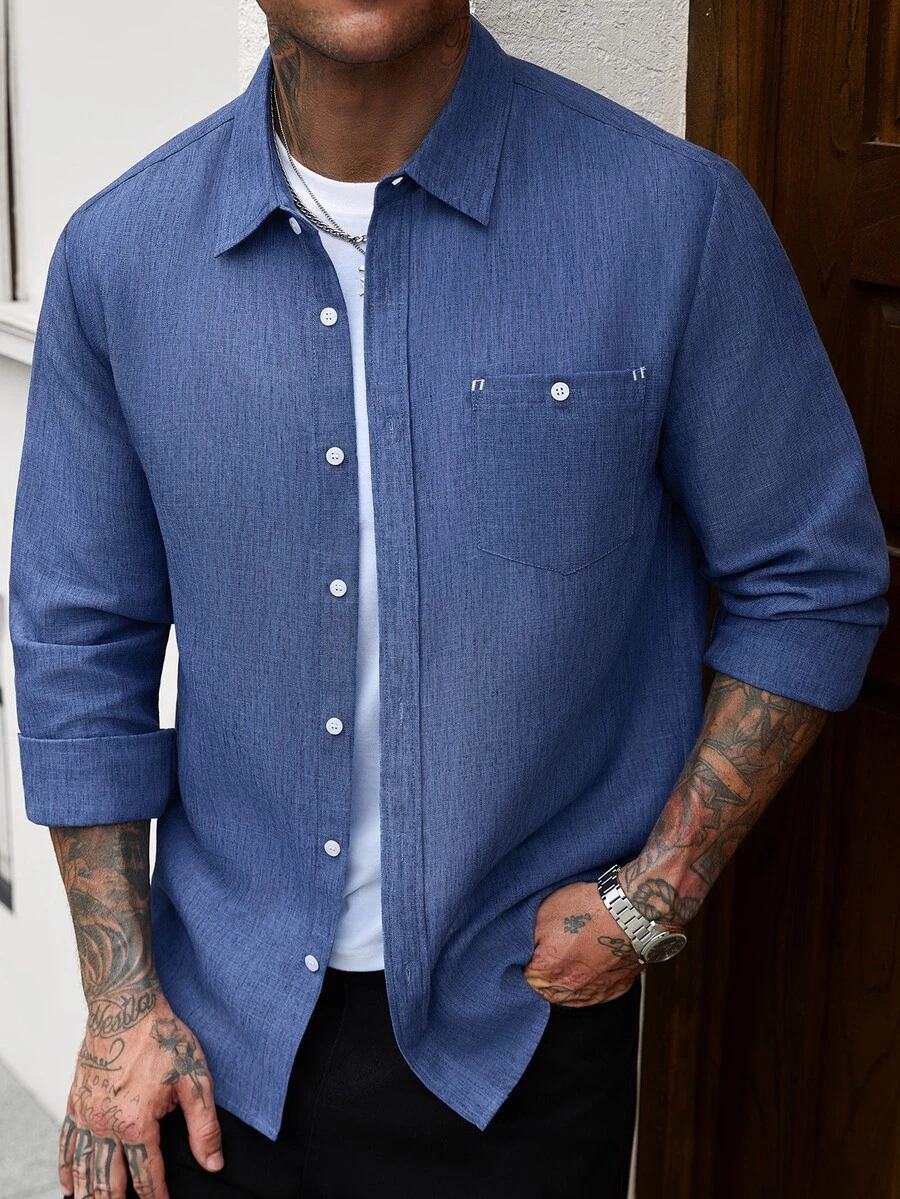Manfinity CasualCool Men's Faux Linen Texture Royal Blue Single-Breasted Loose Fit Commuter Versatile Long Sleeve Shirt - Royal Blue - View 1