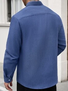 Manfinity CasualCool Men's Faux Linen Texture Royal Blue Single-Breasted Loose Fit Commuter Versatile Long Sleeve Shirt - Royal Blue - View 2