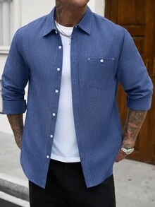 Manfinity CasualCool Men's Faux Linen Texture Royal Blue Single-Breasted Loose Fit Commuter Versatile Long Sleeve Shirt - Royal Blue - View 7