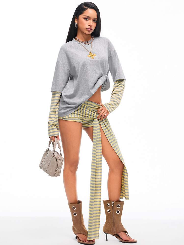 Vadaroq Kaos Lengan Panjang Wanita Gaya Kasual Streetwear Musim Dingin/Gugur Hippie Preppy Grunge dengan Grafis Ukuran Besar - Grey - View 5