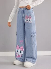 Girlism 青少年女孩 Y2K 時尚休閒可愛小貓圖案藍色寬鬆牛仔褲，適合黑色系上學穿搭 - 藍色 - 查看 3
