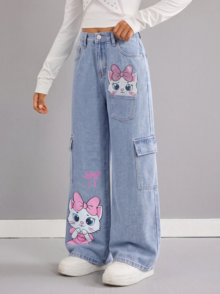Girlism Tween Girl Y2k Fashion Causal Cute Kitten Pattern Blue Loose Jeans For Black To School - Blue - View 3