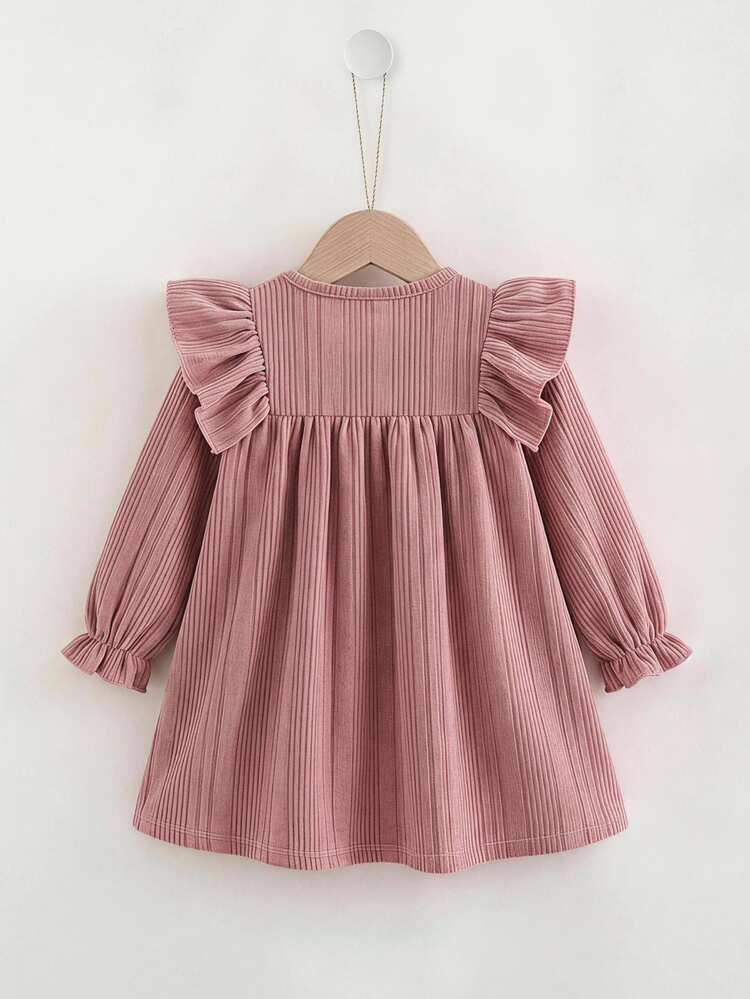 Cozy Pixies Baby Girl Lotus Pink Solid Color Knitted Ribbed Soft Round Neck Ruffle Hem Letter Embroidery Classic Long Sleeve Waist-Cinching Dress - Dusty Pink - View 2
