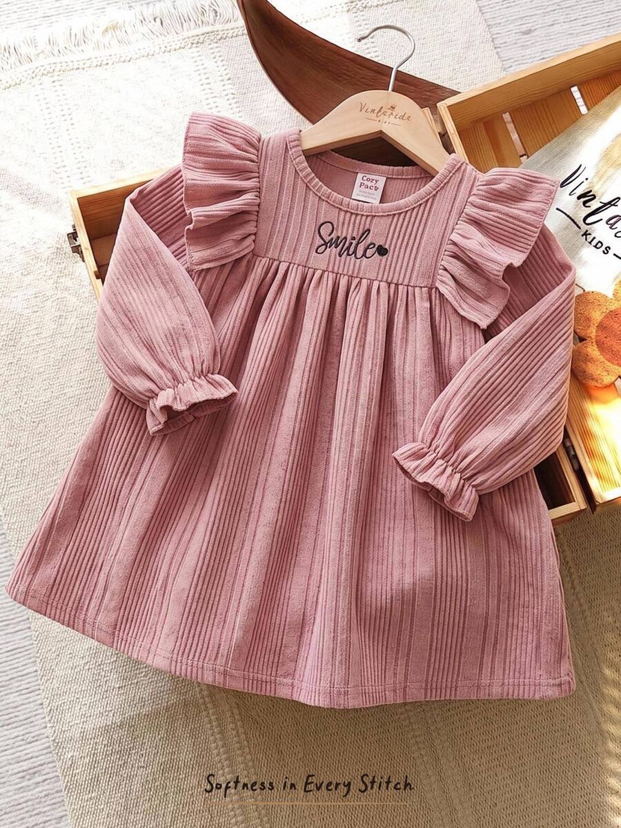 Cozy Pixies Baby Girl Lotus Pink Solid Color Knitted Ribbed Soft Round Neck Ruffle Hem Letter Embroidery Classic Long Sleeve Waist-Cinching Dress - Dusty Pink - View 1