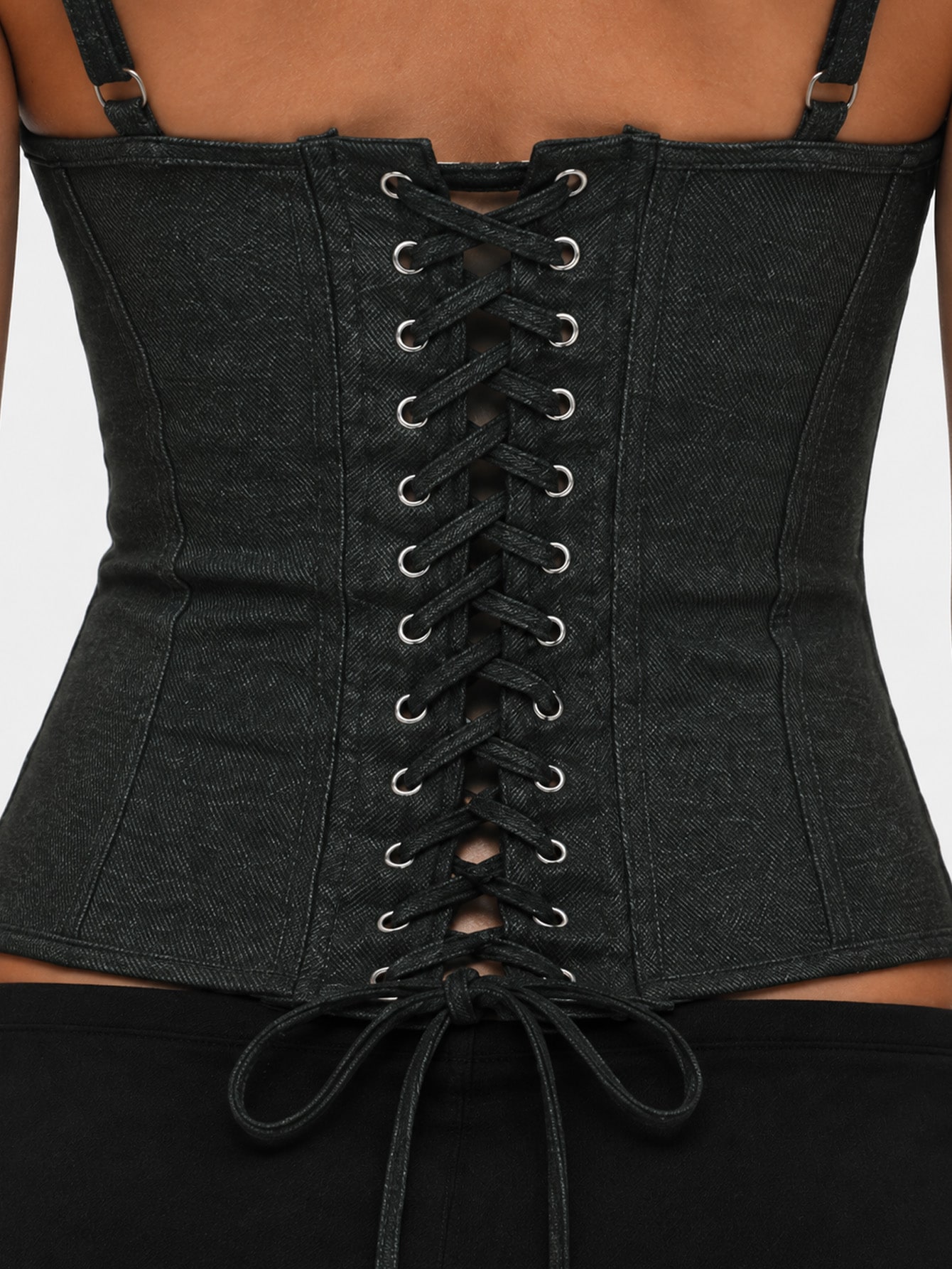 Dark Green Wash Lace Detail Retro Corset Denim Top, view 6