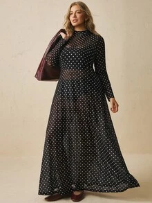 Freevana 大尺碼女款黑白印花立領長袖優雅 70 年代 80 年代風格連身裙，適合秋季約會之夜派對 - 黑色 - 查看 6