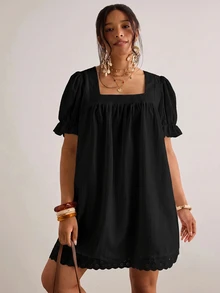Freevana Plus Size Women's Black Lace Patchwork Hem Round Neck T-Shirt Dress - Black - View 5