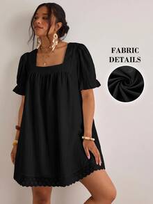 Freevana Plus Size Women's Black Lace Patchwork Hem Round Neck T-Shirt Dress - Black - View 1