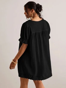 Freevana Plus Size Women's Black Lace Patchwork Hem Round Neck T-Shirt Dress - Black - View 2