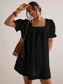 Freevana Plus Size Women's Black Lace Patchwork Hem Round Neck T-Shirt Dress - Black - View 4