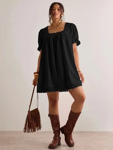Freevana Plus Size Women's Black Lace Patchwork Hem Round Neck T-Shirt Dress - Black - View 3