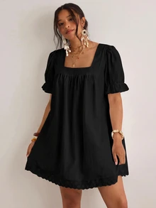 Freevana Plus Size Women's Black Lace Patchwork Hem Round Neck T-Shirt Dress - Black - View 6