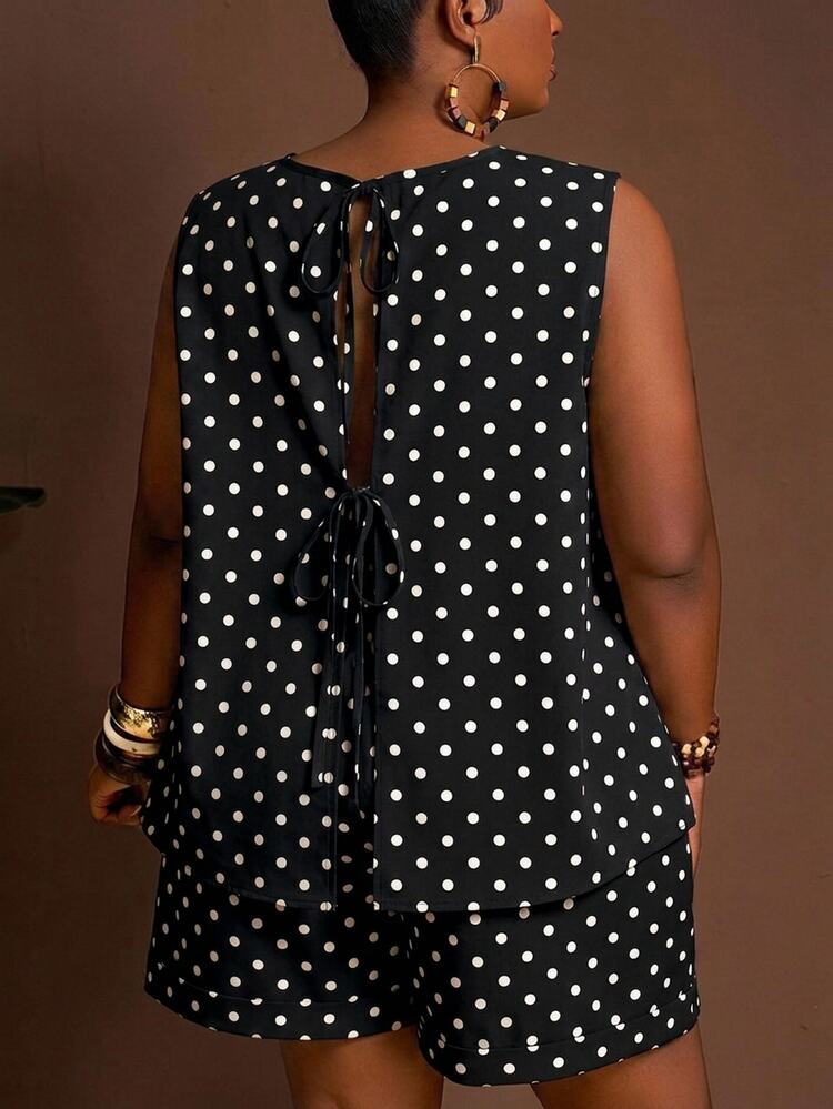 Slaydiva New Plus Size Casual Loose Polka Dot Sleeveless Top And Shorts Two Pieces Set, Black Shorts Set, Women's Shorts Set, Black Polka Dot Autumn Women's Clothing - Black - View 2