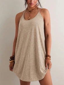 Freevana Plus Size Summer Casual Backless Halter Neck Dress - Apricot - View 6