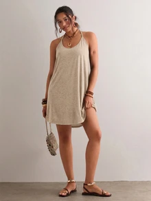 Freevana Plus Size Summer Casual Backless Halter Neck Dress - Apricot - View 4