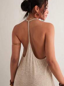 Freevana Plus Size Summer Casual Backless Halter Neck Dress - Apricot - View 3