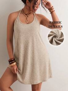 Freevana Plus Size Summer Casual Backless Halter Neck Dress - Apricot - View 7
