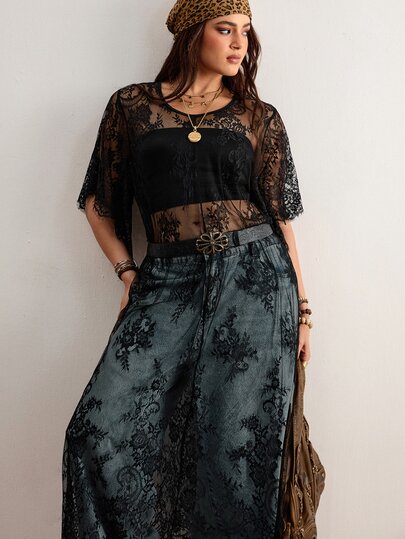 Freevana Gaun Renda Hitam Vintage Bohemian Ukuran Besar, Elegan dan Serbaguna, Cocok untuk Pemakaian Sehari-hari, Gaun Pesta Musim Semi Terbaru, Set Renda, Gaun Jala, Gaun Transparan