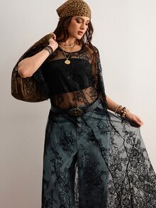 Freevana 大尺碼波希米亞風 1920 年代復古黑色蕾絲洋裝，優雅百搭，適合日常穿著，夏季派對度假新款，蕾絲套裝，灰色網紗 - 黑色 - 查看 4
