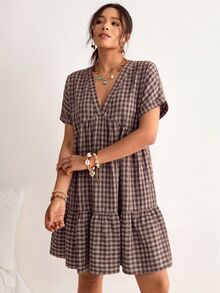 Freevana Vestido holgado con mangas tipo murciélago, volantes en el bajo y estampado de cuadros, vestido de playa, estilo bohemio para vacaciones, talla grande - Café integral - Ver 5