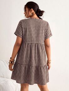 Freevana Vestido holgado con mangas tipo murciélago, volantes en el bajo y estampado de cuadros, vestido de playa, estilo bohemio para vacaciones, talla grande - Café integral - Ver 3