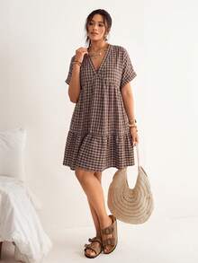 Freevana Vestido holgado con mangas tipo murciélago, volantes en el bajo y estampado de cuadros, vestido de playa, estilo bohemio para vacaciones, talla grande - Café integral - Ver 7