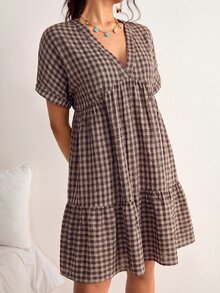 Freevana Vestido holgado con mangas tipo murciélago, volantes en el bajo y estampado de cuadros, vestido de playa, estilo bohemio para vacaciones, talla grande - Café integral - Ver 6