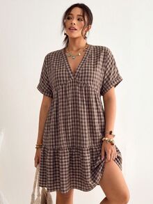 Freevana Vestido holgado con mangas tipo murciélago, volantes en el bajo y estampado de cuadros, vestido de playa, estilo bohemio para vacaciones, talla grande - Café integral - Ver 8