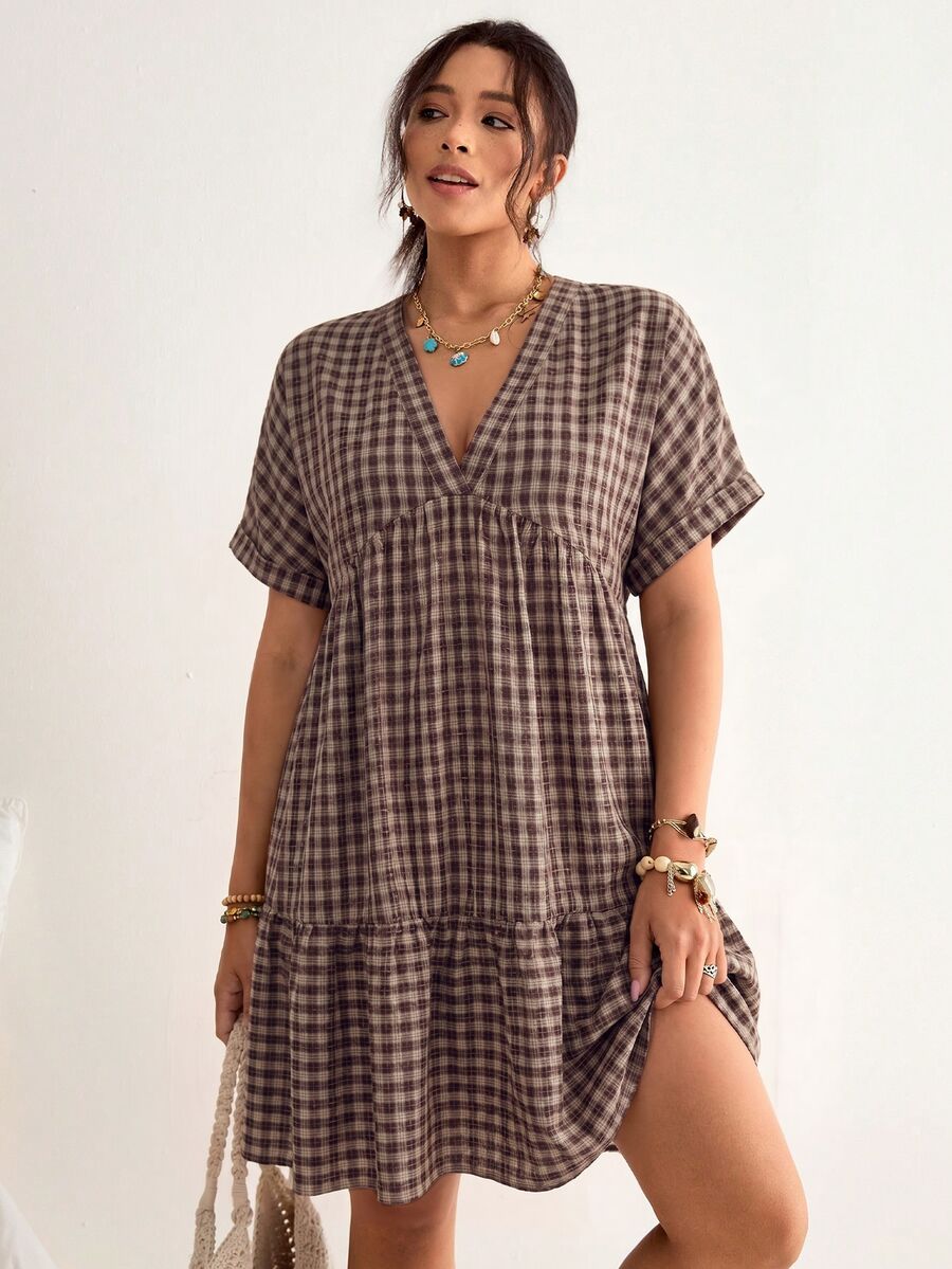Freevana Plus Size Plaid Batwing Sleeve Ruffle Hem Loose Dress, Beach Dress, Bohemian Style For Vacation