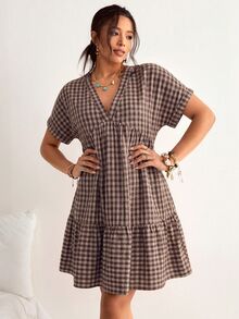 Freevana Vestido holgado con mangas tipo murciélago, volantes en el bajo y estampado de cuadros, vestido de playa, estilo bohemio para vacaciones, talla grande - Café integral - Ver 4