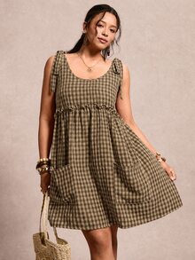 SHEIN VCAY 大尺碼復古波西米亞休閒圓領荷葉邊無袖洋裝，夏季度假橄欖綠 - 棕色 - 查看 6