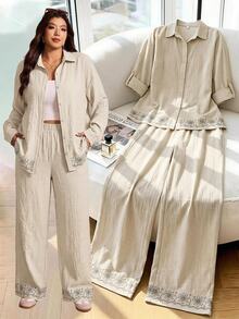 Elaquor Plus Size Casual Boho Minimalist Basic Striped Women's 2 Pieces Set Loose Fit Office Brunch Formal Business Work Going Out Sets Autumn White - Apricot - View 7