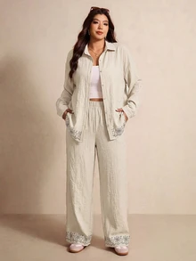 Elaquor Plus Size Casual Boho Minimalist Basic Striped Women's 2 Pieces Set Loose Fit Office Brunch Formal Business Work Going Out Sets Autumn White - Apricot - View 3