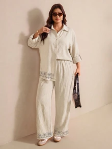 Elaquor Plus Size Casual Boho Minimalist Basic Striped Women's 2 Pieces Set Loose Fit Office Brunch Formal Business Work Going Out Sets Autumn White - Apricot - View 5