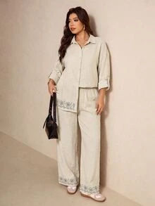 Elaquor Plus Size Casual Boho Minimalist Basic Striped Women's 2 Pieces Set Loose Fit Office Brunch Formal Business Work Going Out Sets Autumn White - Apricot - View 6