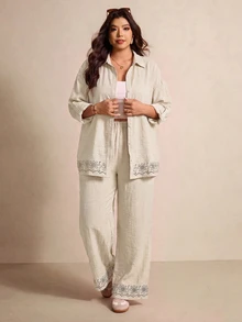 Elaquor Plus Size Casual Boho Minimalist Basic Striped Women's 2 Pieces Set Loose Fit Office Brunch Formal Business Work Going Out Sets Autumn White - Apricot - View 4