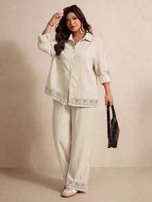Elaquor Plus Size Casual Boho Minimalist Basic Striped Women's 2 Pieces Set Loose Fit Office Brunch Formal Business Work Going Out Sets Autumn White - Apricot - View 1