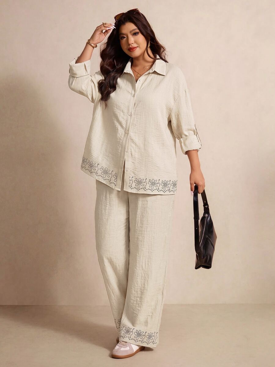 Elaquor Plus Size Casual Boho Minimalist Basic Striped Women's 2 Pieces Set Loose Fit Office Brunch Formal Business Work Going Out Sets Autumn White - Apricot - View 1
