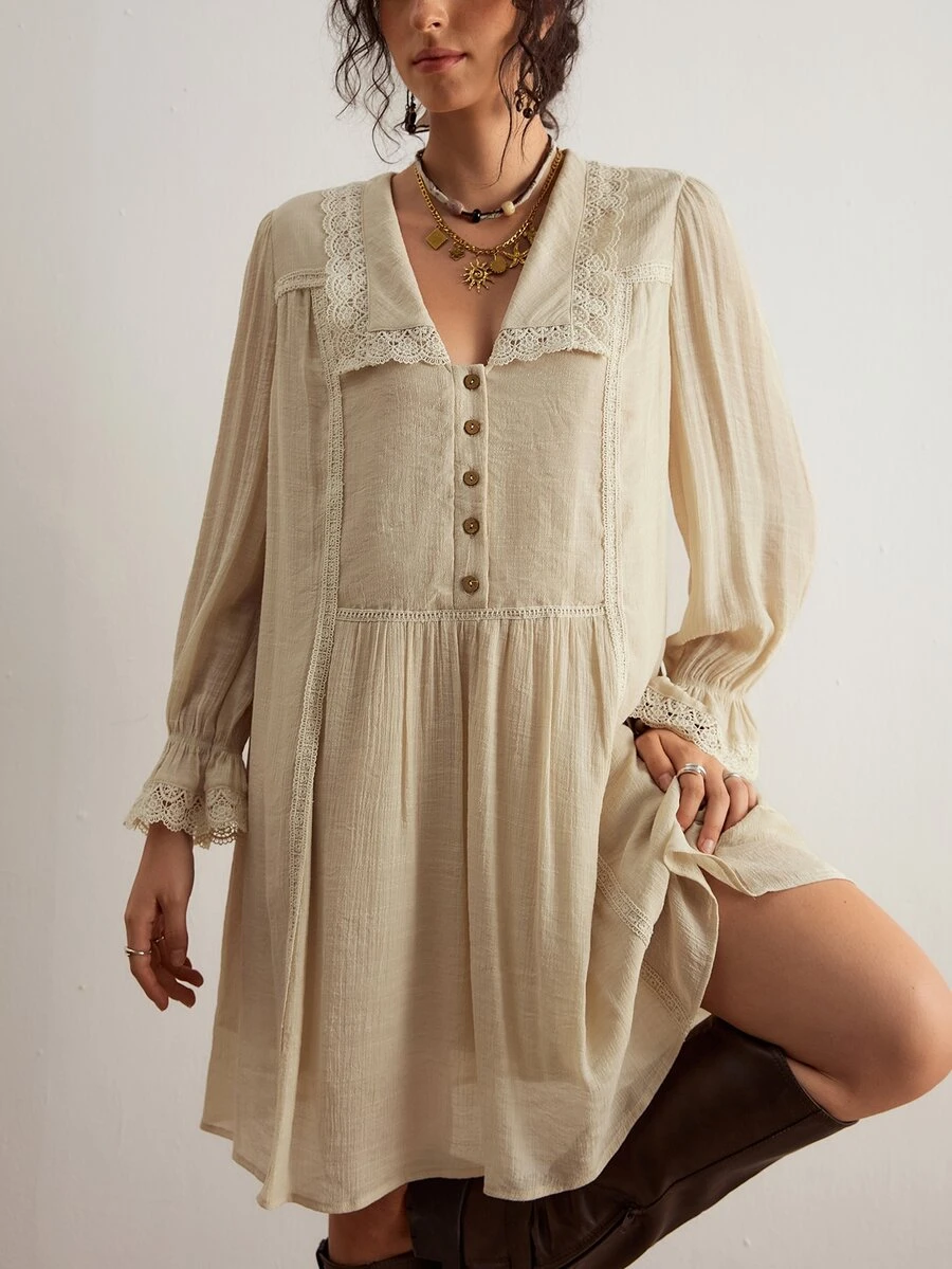 Freevana Plus Size French Lace Patchwork Collar Button Loose Dress Vacation Beige Autumn Boho Fall Gym Tea Party Vacation Vacation Vacation