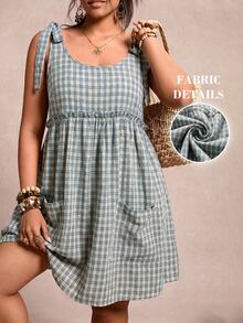 Freevana Plus Size Round Neck Sleeveless Plaid Pleated Casual Dress With Pockets, Summer - Blue - View 8