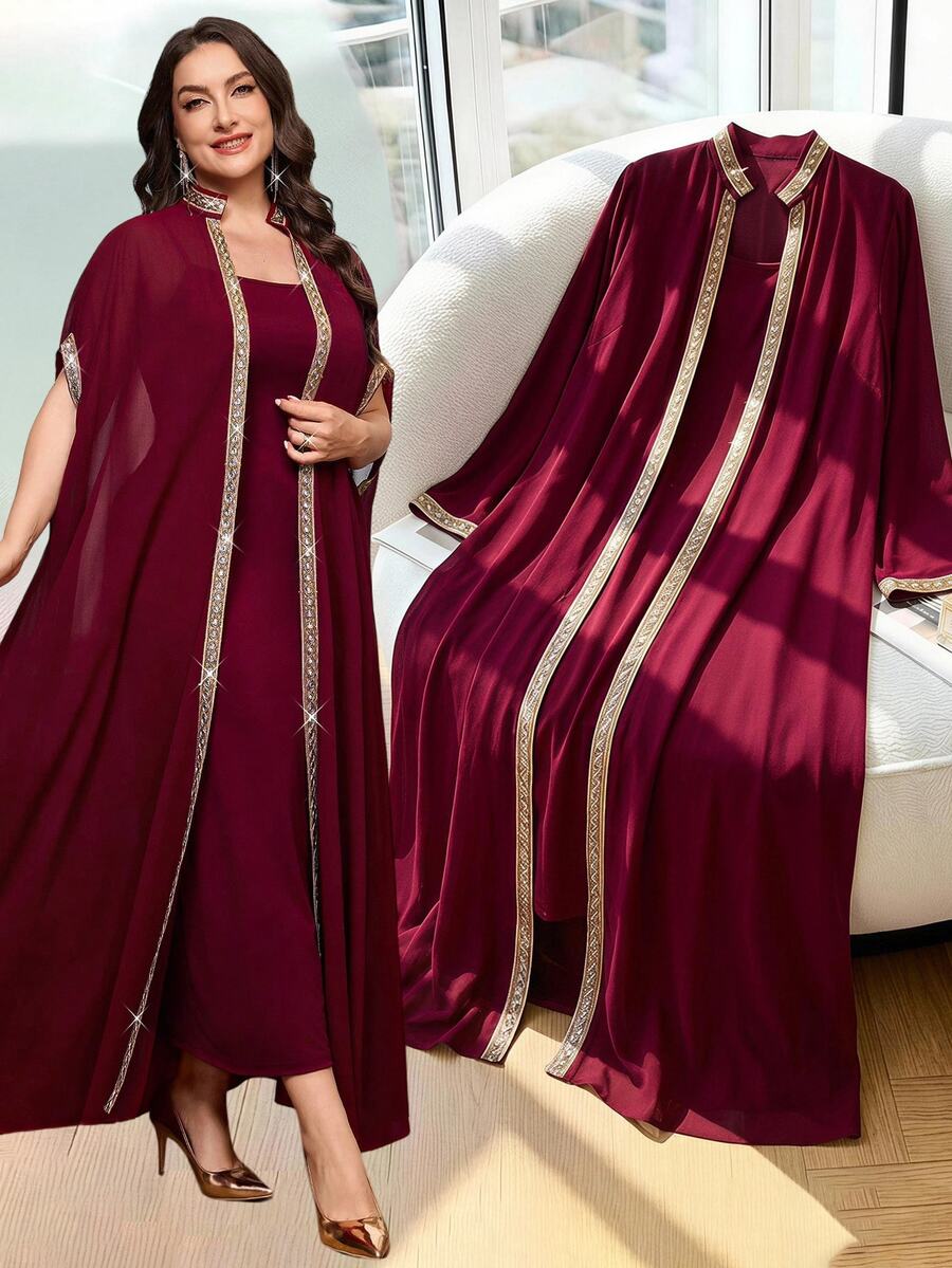 Reflora Plus Size Women's Patchwork Webbing Trim Batwing Sleeve Long Robe And Cami Dress Elegant Casual 2-Piece Set Wedding Bussines Formal Burgundy Summer