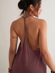 Freevana Plus Size Women Solid Color Casual Halter Loose Dress - Burgundy - View 3
