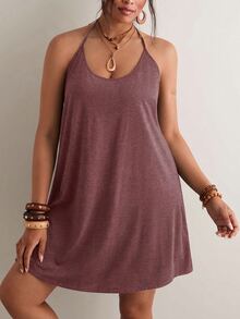 Freevana Plus Size Women Solid Color Casual Halter Loose Dress - Burgundy - View 5