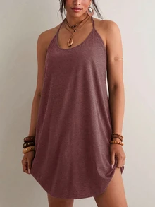 Freevana Plus Size Women Solid Color Casual Halter Loose Dress - Burgundy - View 4