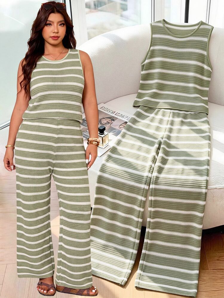 Elaquor Plus Size Minimalist Tropical Soft Form Casual Sage Green Colorblock Crew Neck Tank Top And Loose Long Pants 2 Pieces Set Vacation Dates Summer Formal - Green - View 1