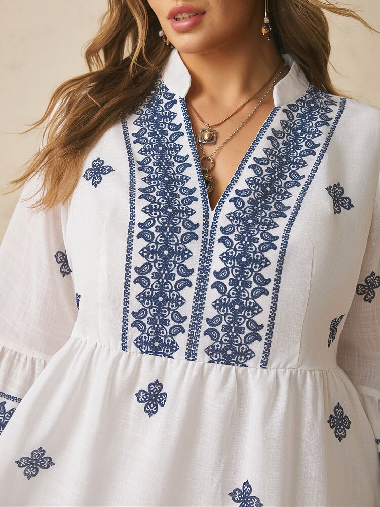 Freevana Women's Plus Size Notch Neck Half Sleeve Loose Short Dress Pattern Print Ruffle Hem Elegant Cottage Core Boho Casual Autumn Navy Blue High Tea Formal - Blue and White - View 15