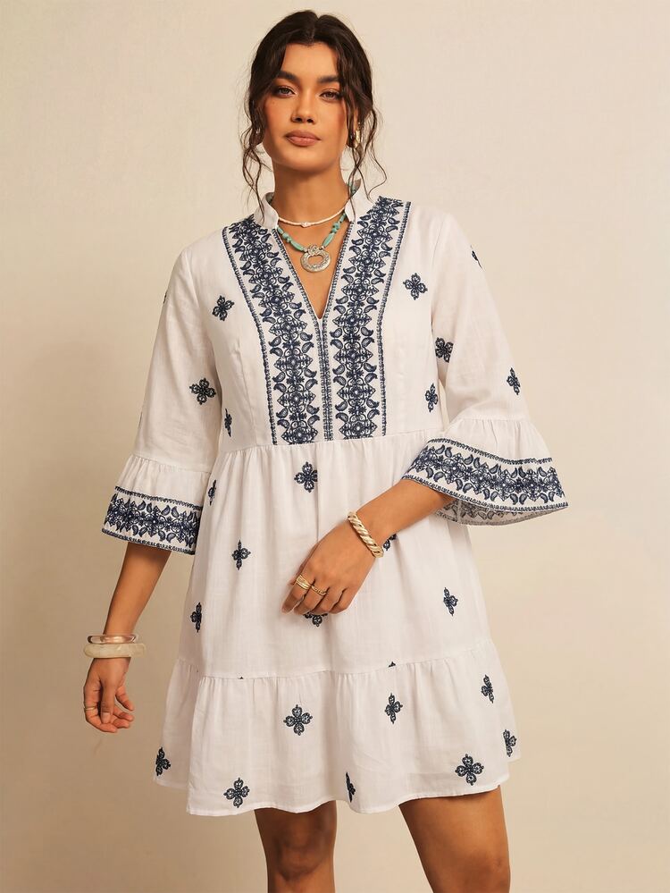 Freevana Women's Plus Size Notch Neck Half Sleeve Loose Short Dress Pattern Print Ruffle Hem Elegant Cottage Core Boho Casual Autumn Navy Blue High Tea Formal - Blue and White - View 11